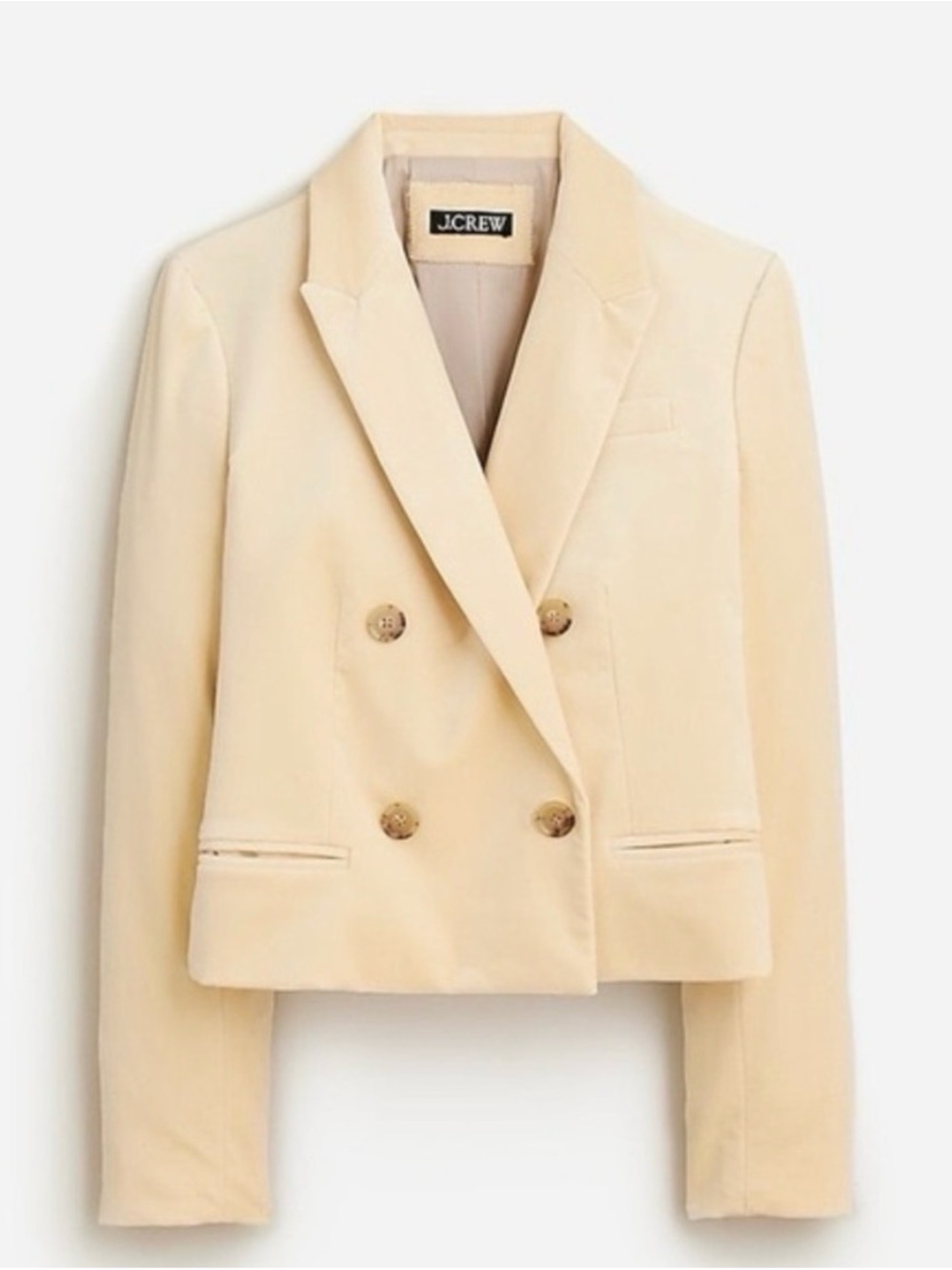 J. Crew Pale Cream Velvet Double-Breasted Cropped Blazer